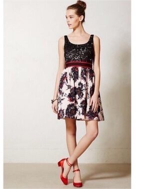 Peter Som Made in Kind Anthropologie black pink red fit and flare sequin dress